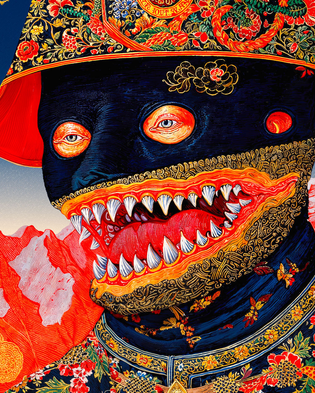 Close-up of the masked figure’s face and open mouth with sharp teeth and gold ornamental patterns, with intricate details.