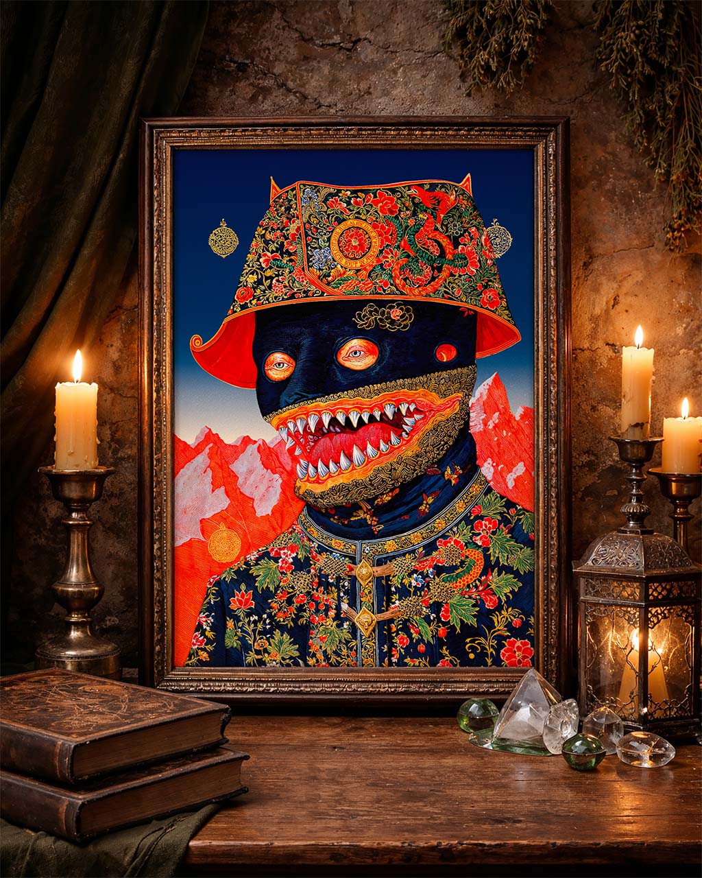 Framed poster of a surreal masked figure with sharp teeth hanging on a rustic wall, surrounded by candles and old books.