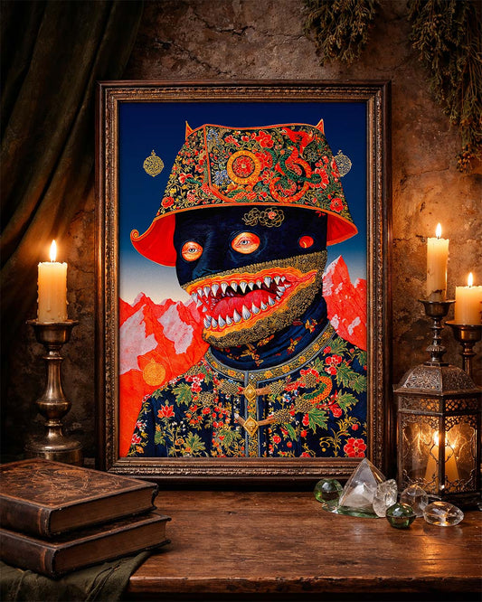 Framed poster of a surreal masked figure with sharp teeth hanging on a rustic wall, surrounded by candles and old books.