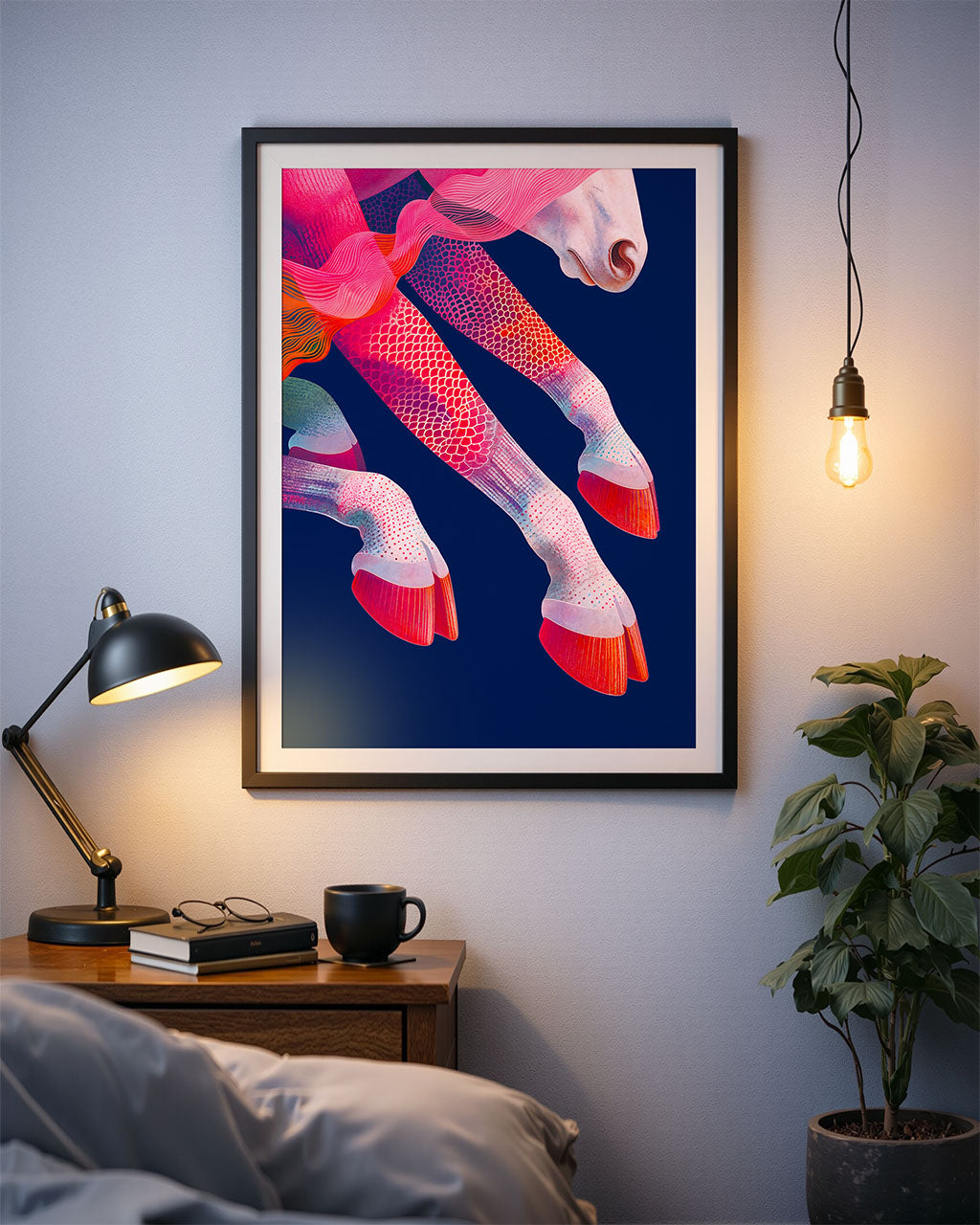 Framed poster of animal hooves hanging on a wall in a modern interior.