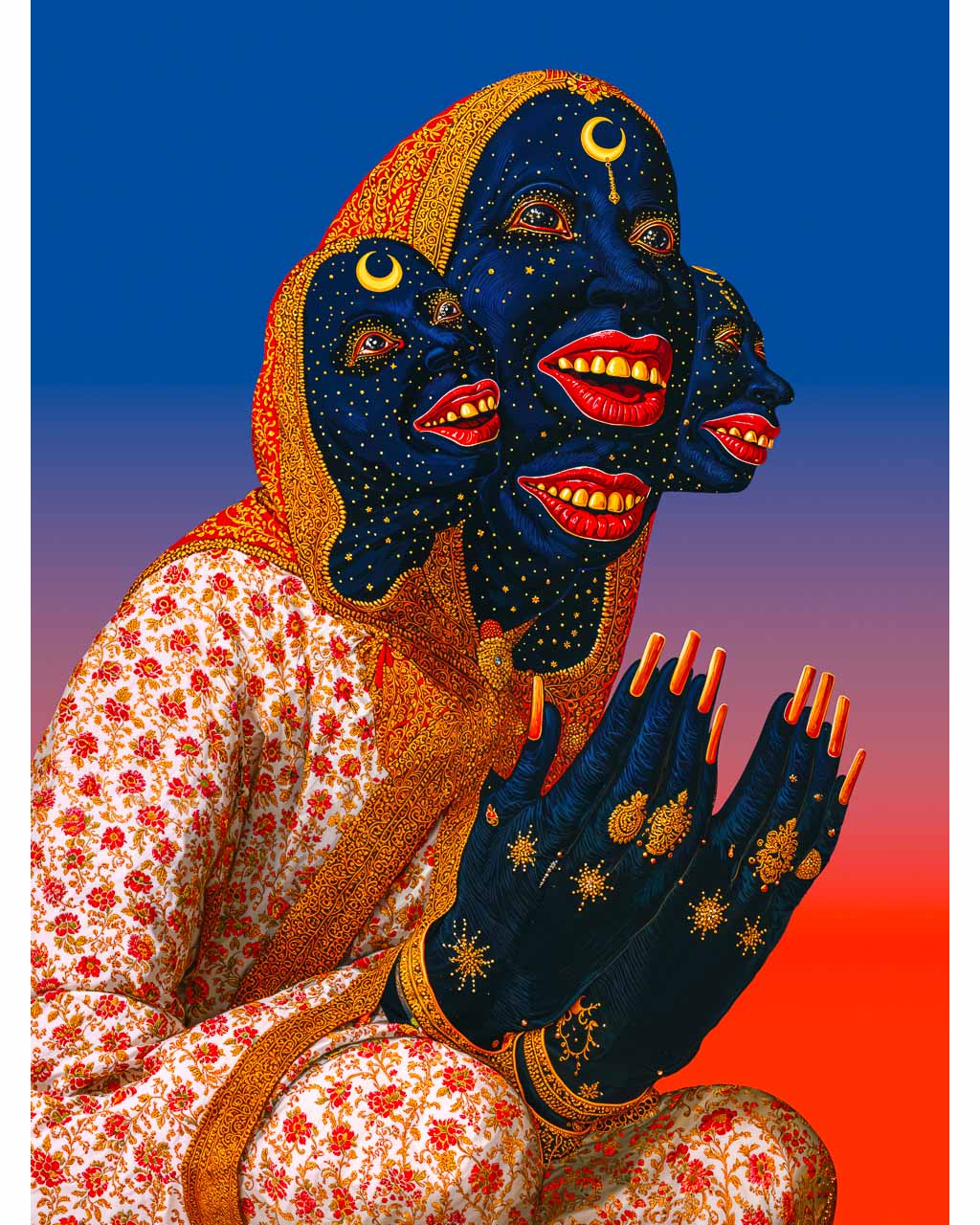 Artistic depiction of a person with multiple faces and a floral outfit against a gradient background