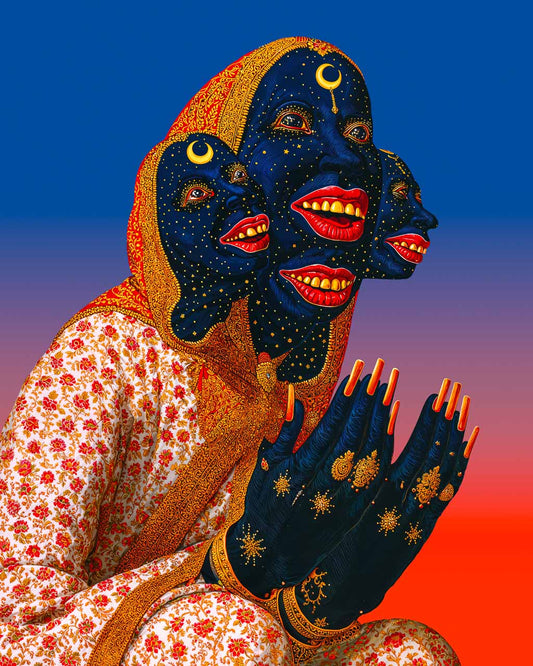 Artistic depiction of a person with multiple faces and a floral outfit against a gradient background