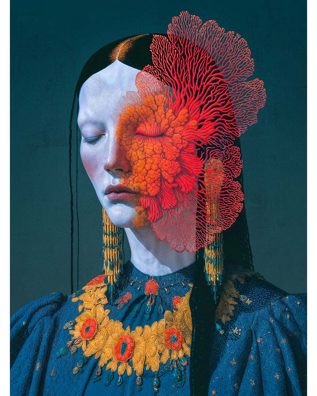 Artistic portrait with floral and coral elements overlayed on a person's face against a dark background.