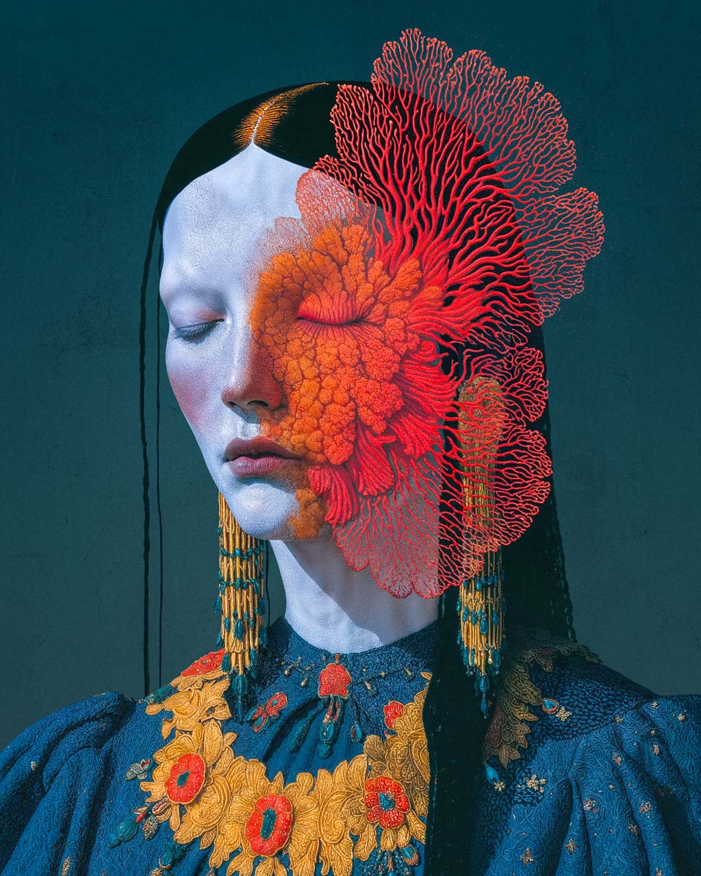 Artistic portrait with floral and coral elements overlayed on a person's face against a dark background.