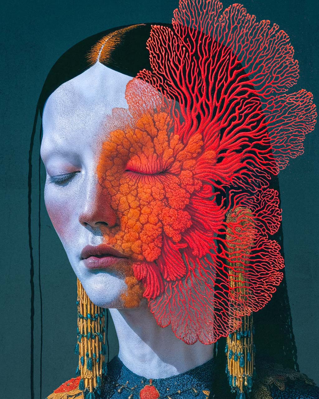 Close-up of surreal portrait with red coral bloom covering one side of the face