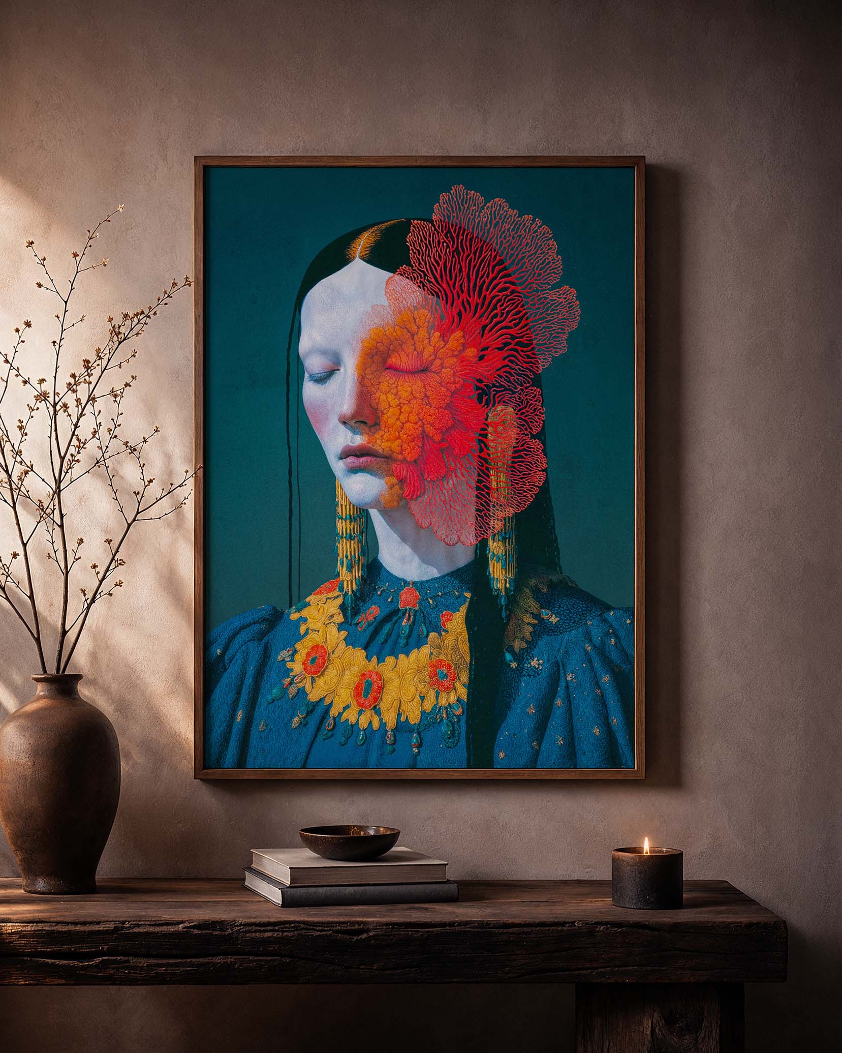 Impending Bloom art poster framed on a warm textured wall