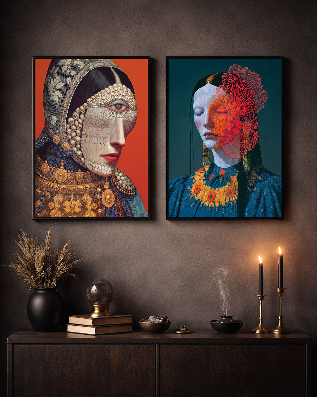 Two surreal portrait posters displayed together in a dark interior