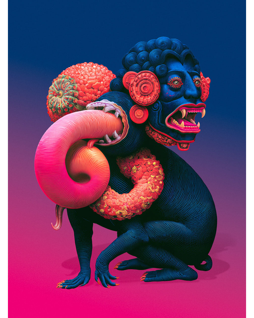 Colourful surreal creature with deep blue skin, vivid pink organic growths and intricate engraved textures against a blue and magenta background.