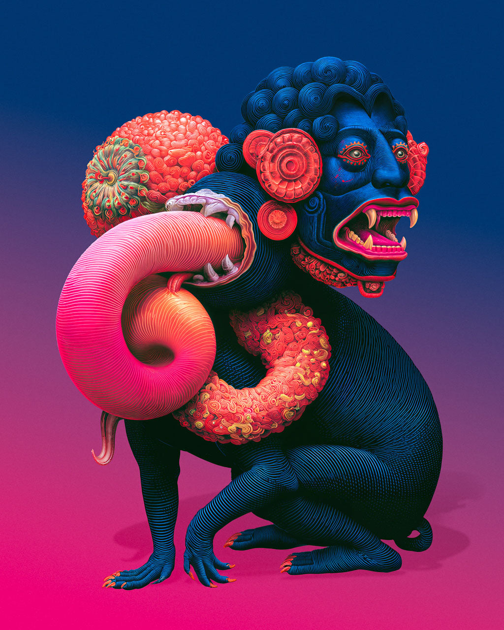 Colourful surreal creature with deep blue skin, vivid pink organic growths and intricate engraved textures against a blue and magenta background.
