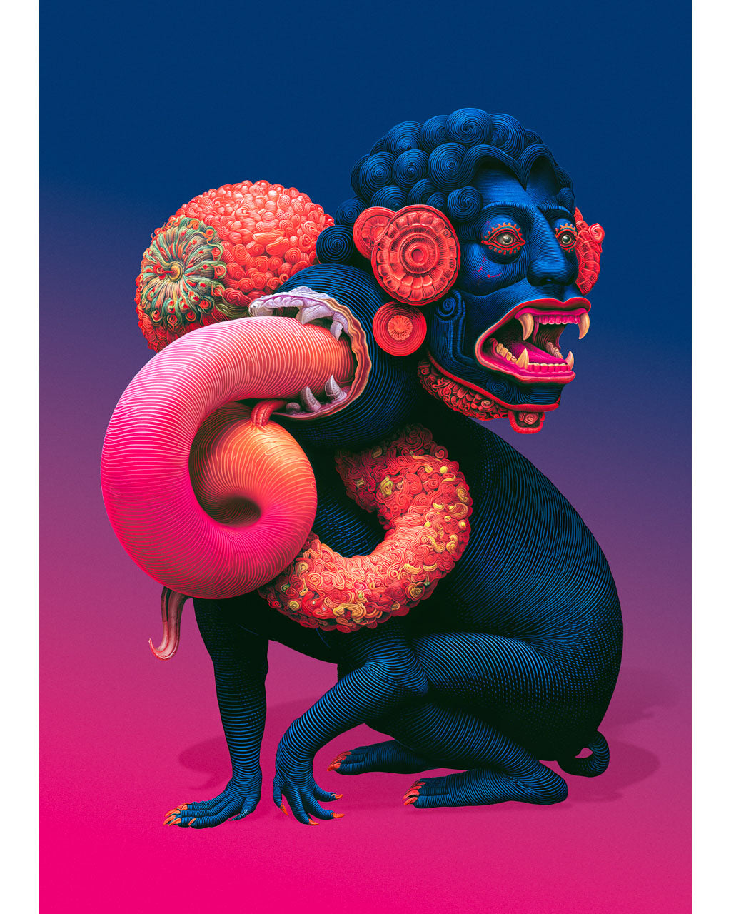 Colourful surreal creature with deep blue skin, vivid pink organic growths and intricate engraved textures against a blue and magenta background.