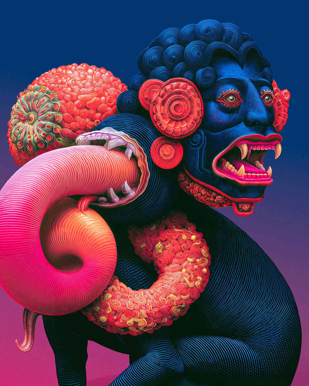 Close-up of the In Excess artwork showing the creature’s blue face, open mouth, coral forms and coiled pink appendage