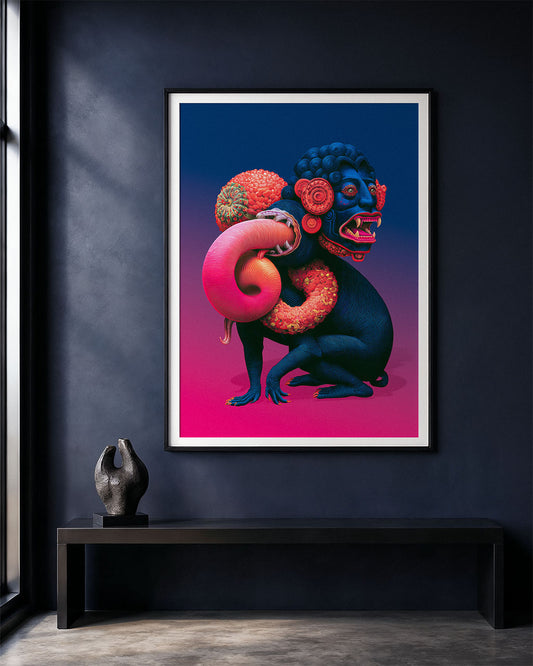 In Excess surreal art print displayed in a black frame on a dark blue wall above a minimalist black bench.