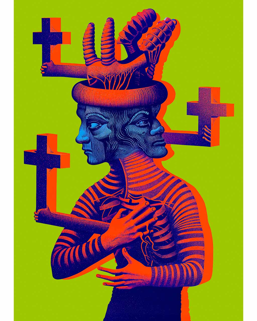 Art poster featuring a  vibrant cross-covered figure with two faces against bright green background.