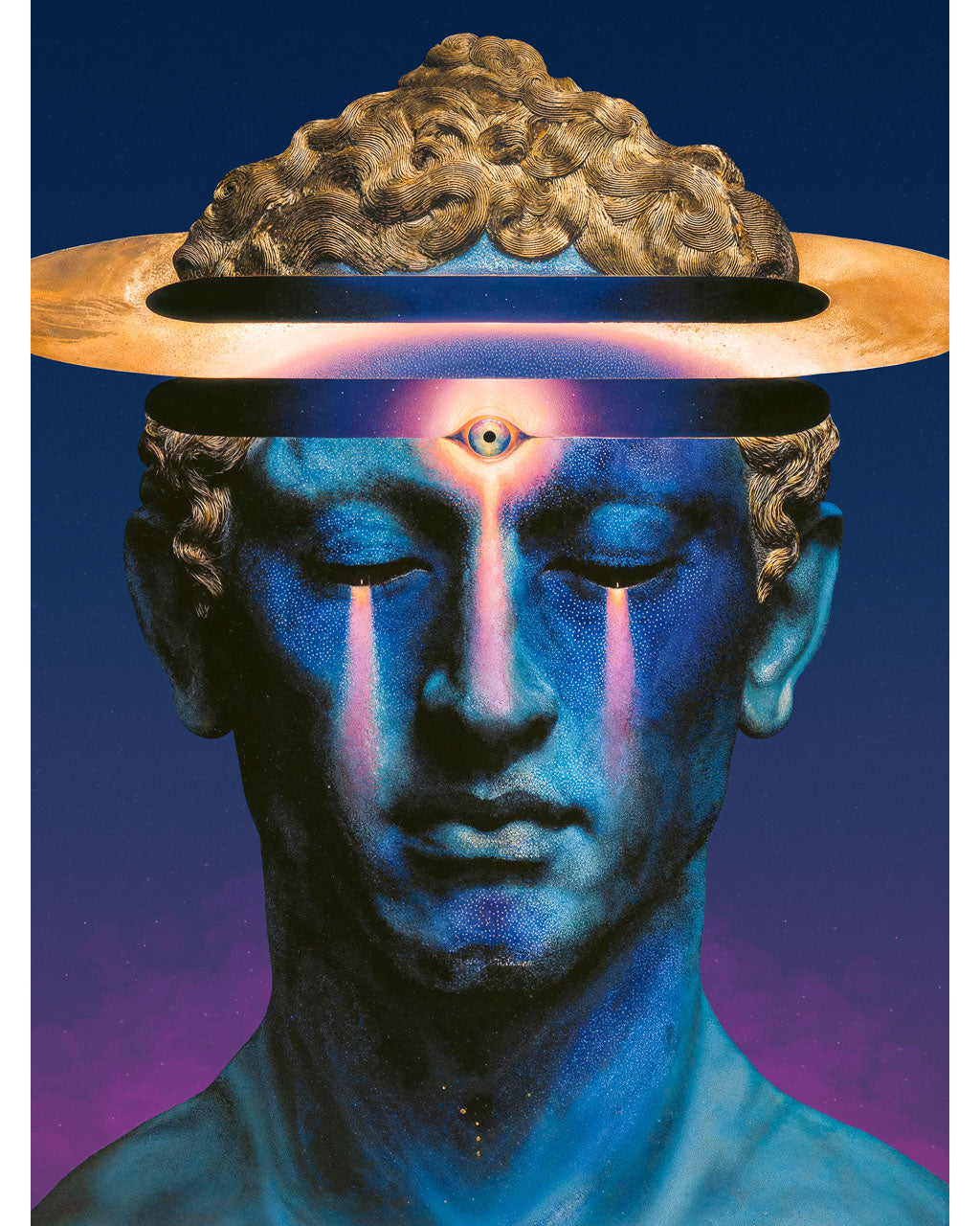 Surreal blue portrait with third eye and glowing ring above the head.