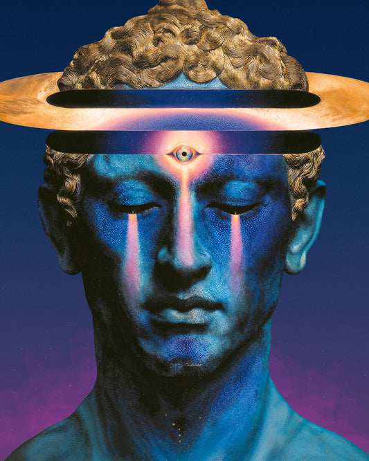 Surreal blue portrait with third eye and glowing ring above the head.