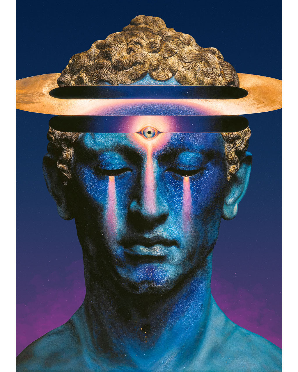 Surreal blue portrait with third eye and glowing ring above the head.