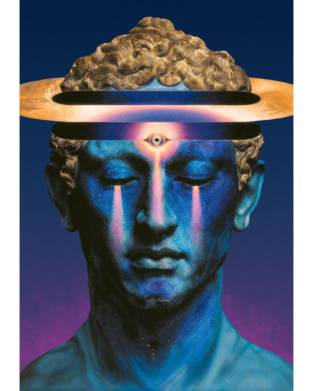 Surreal blue portrait with third eye and glowing ring above the head.