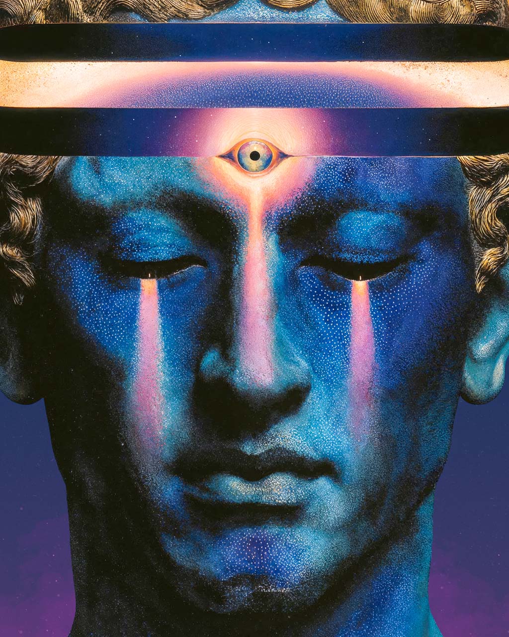 Closeup of the surreal portrait with a third eye and a golden halo.