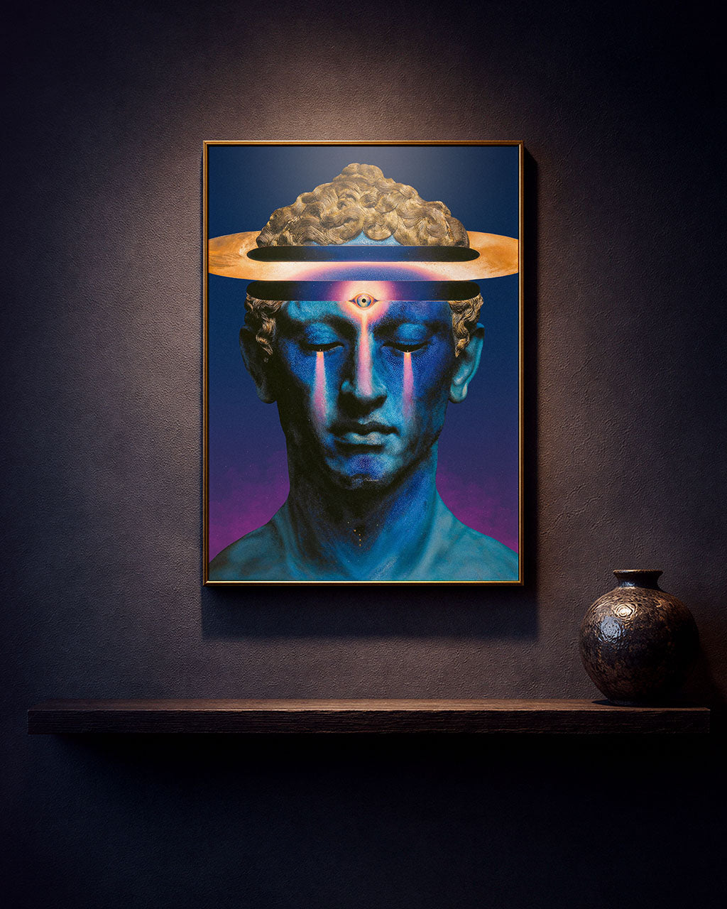 Framed surreal artwork hanging on the wall in a dark minimalistic interior.