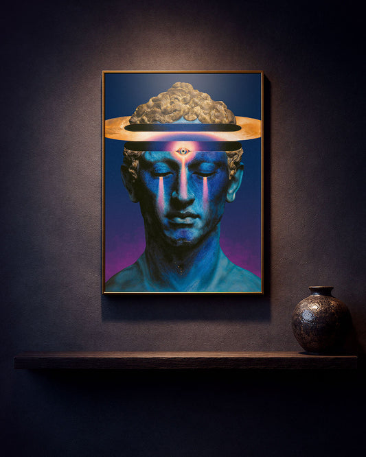 Framed surreal artwork hanging on the wall in a dark minimalistic interior.