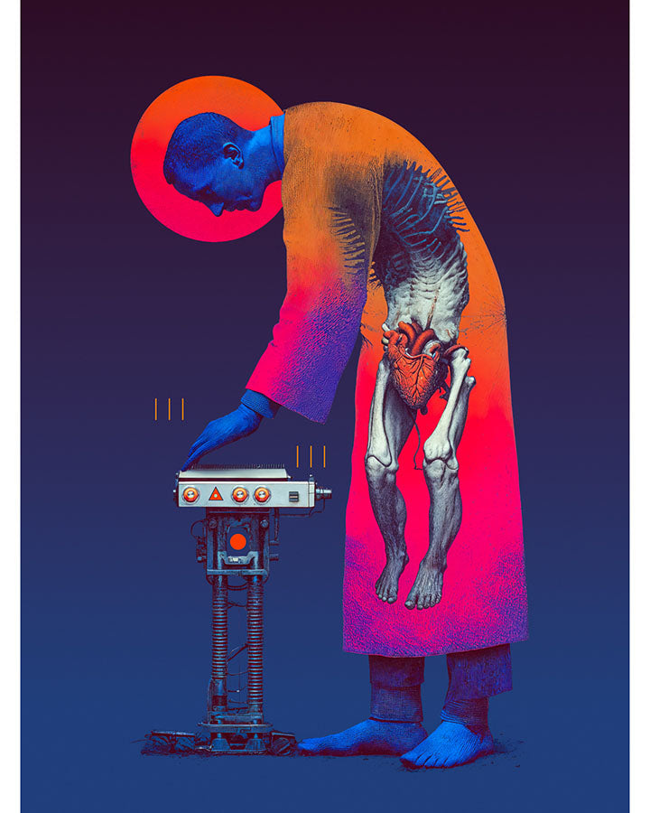 Surreal figure leaning toward a machine, exposed anatomy, bold colours and industrial details