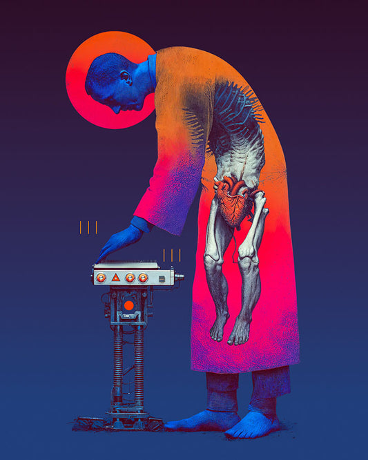 Surreal figure leaning toward a machine, exposed anatomy, bold colours and industrial details