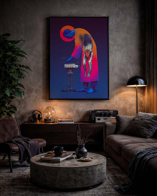 Living room with a colorful surrealpainting on the wall, round coffee table, and brown sofa.