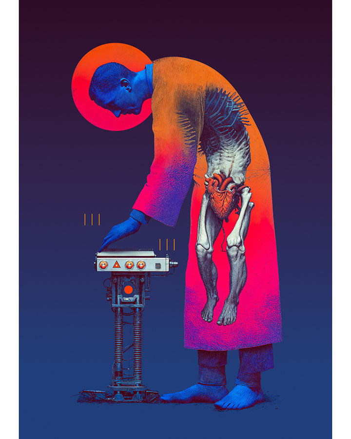 Surreal figure leaning toward a machine, exposed anatomy, bold colours and industrial details