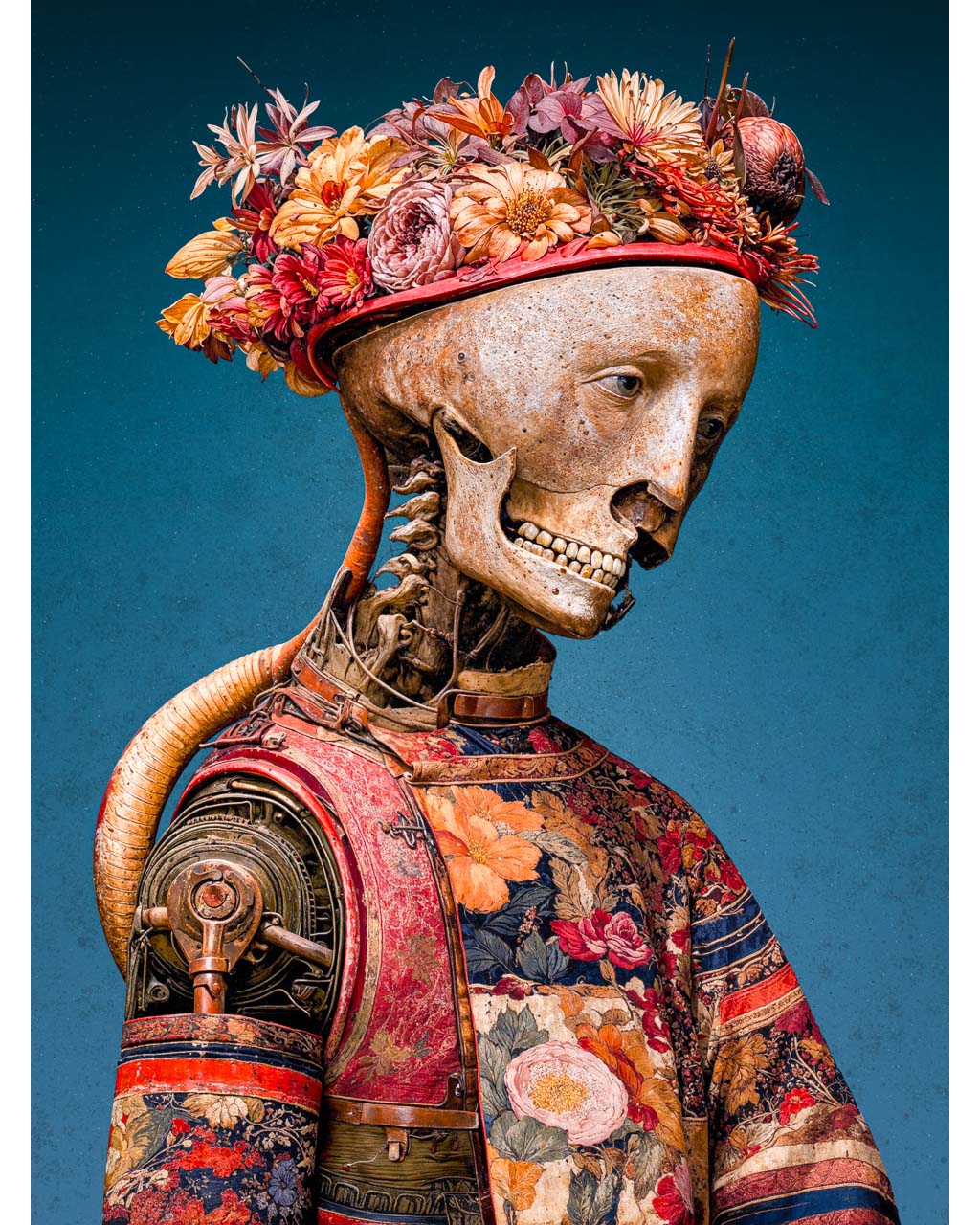 Surreal portrait of a skeletal mechanical figure wearing a crown of flowers.