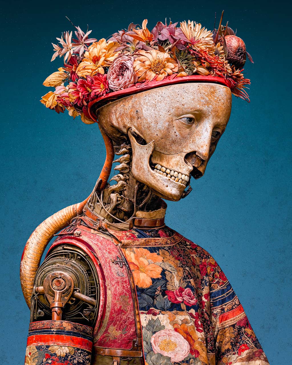 Surreal portrait of a skeletal mechanical figure wearing a crown of flowers.