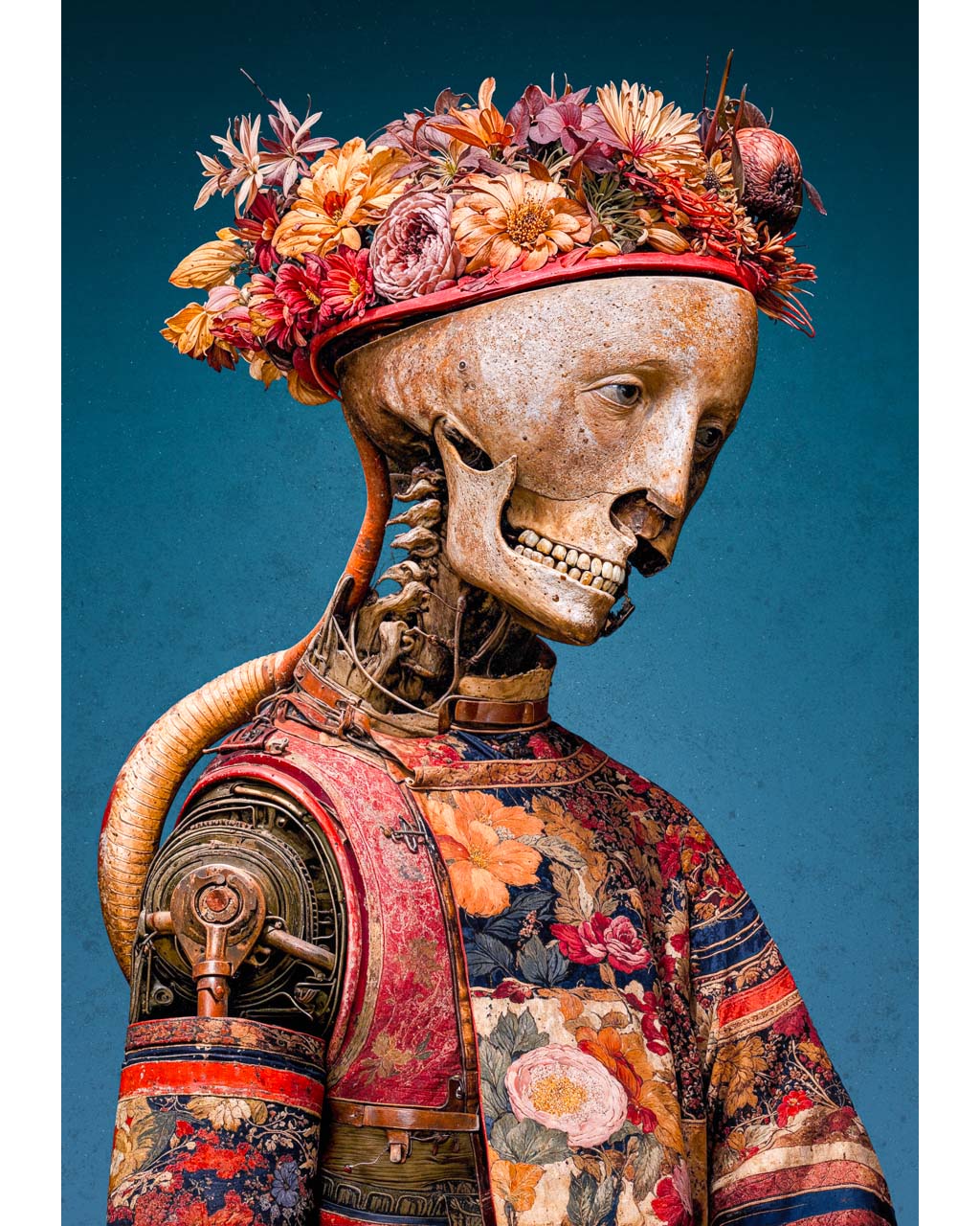 Surreal portrait of a skeletal mechanical figure wearing a crown of flowers.