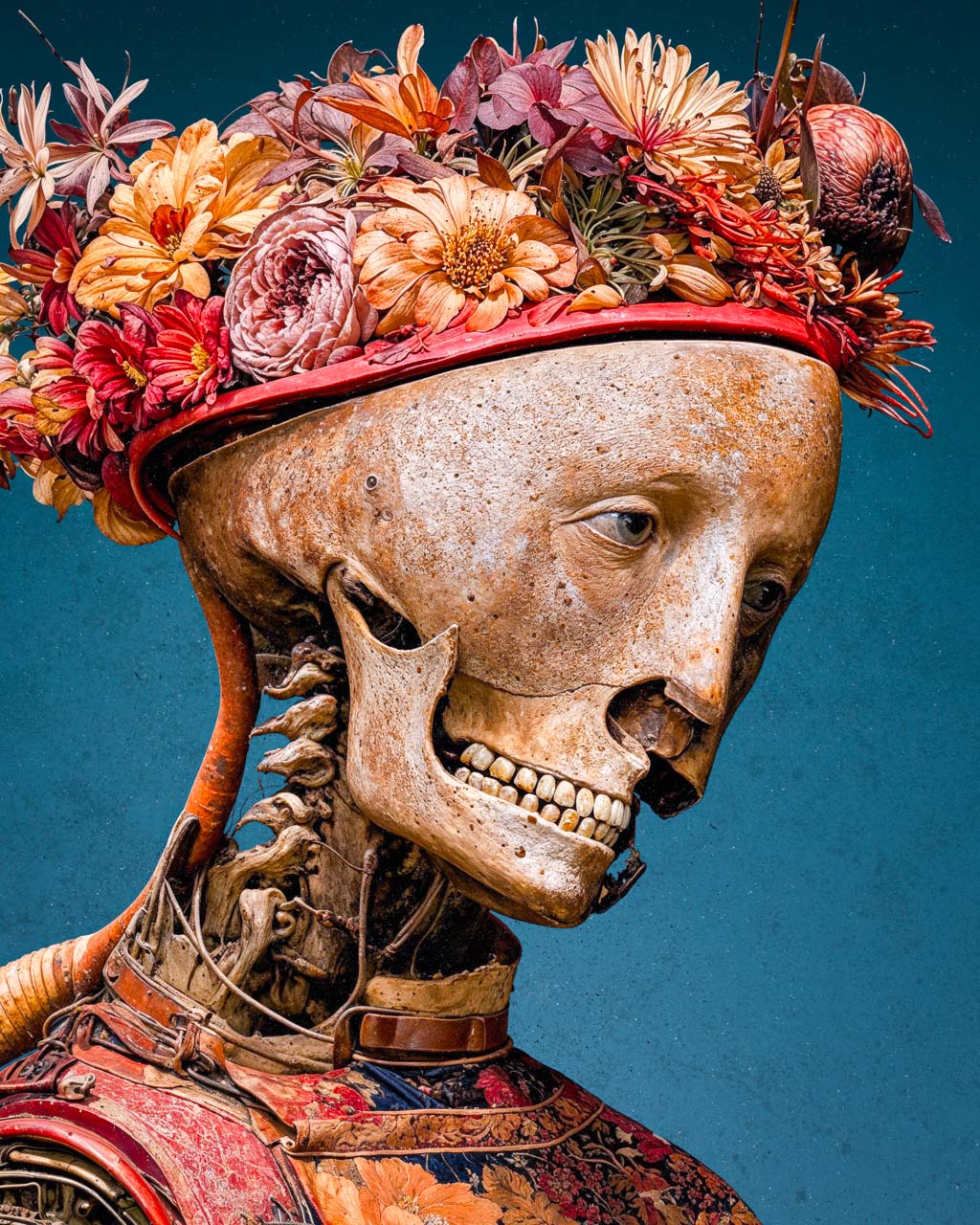Close-up of a skeletal figure with intricate details and a floral crown.