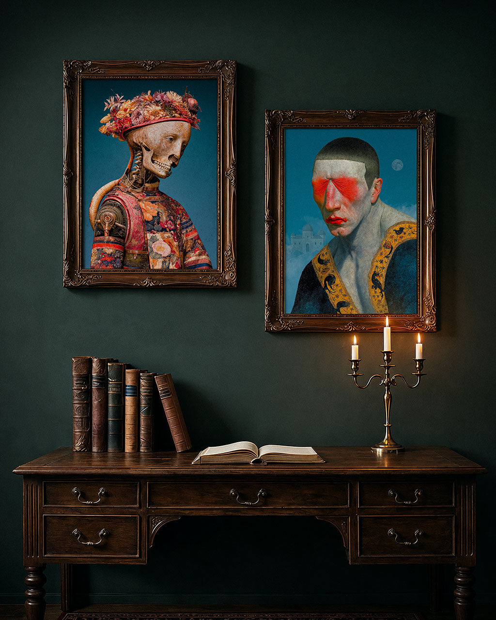 The Last Bouquet framed alongside another surreal portrait in a dark interior.