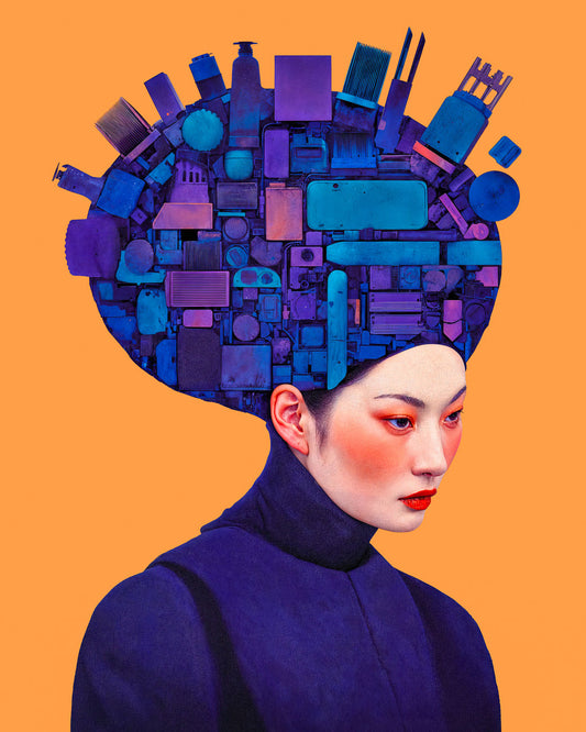 Portrait of a woman in profile with an oversized head composed of blue and purple mechanical parts against an orange background.