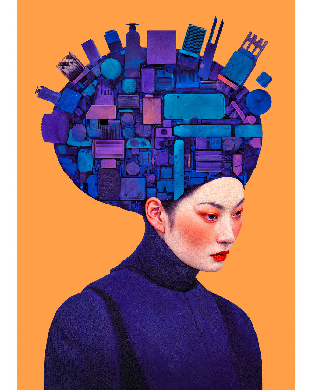 Portrait of a woman in profile with an oversized head composed of blue and purple mechanical parts against an orange background.