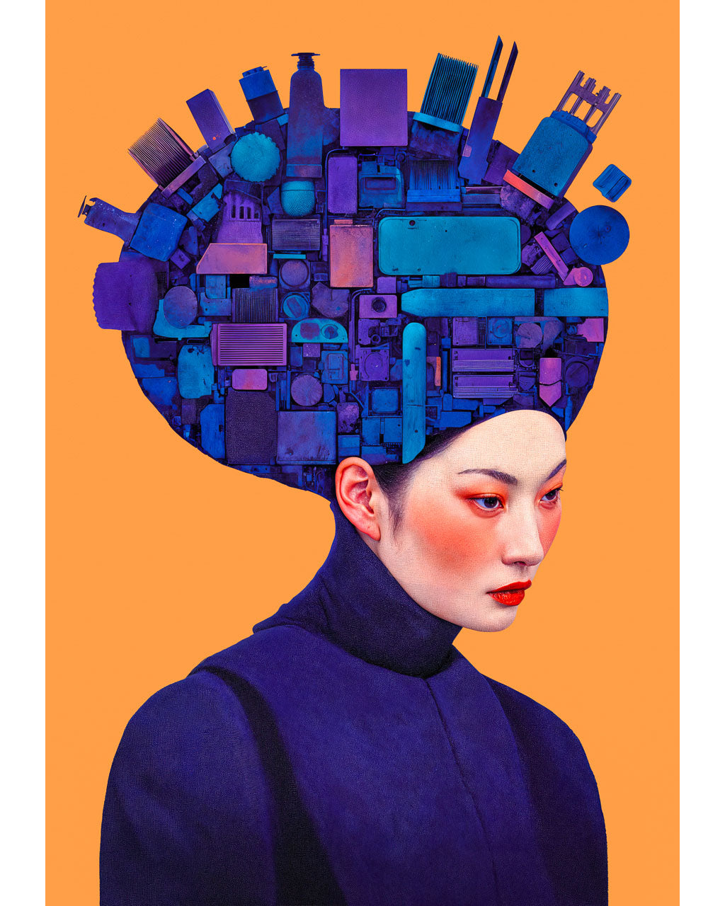 Portrait of a woman in profile with an oversized head composed of blue and purple mechanical parts against an orange background.