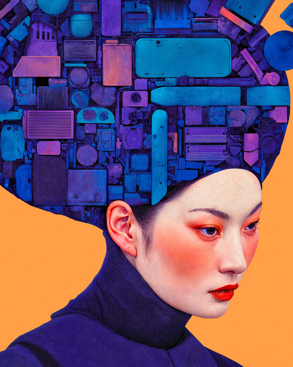 Closeup of the head structure with intricate details of layered mechanical components.