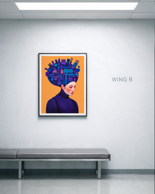 Legacy Hardware poster hanging on a pale green institutional wall above a fixed bench with the text “WING B” beside it.