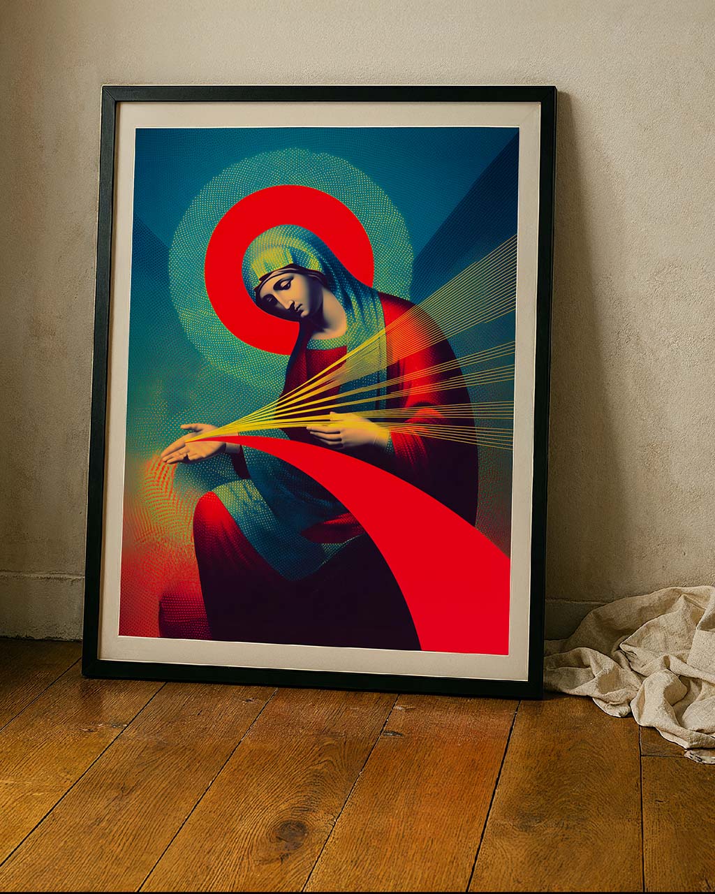 Framed art poster resting against the wall.