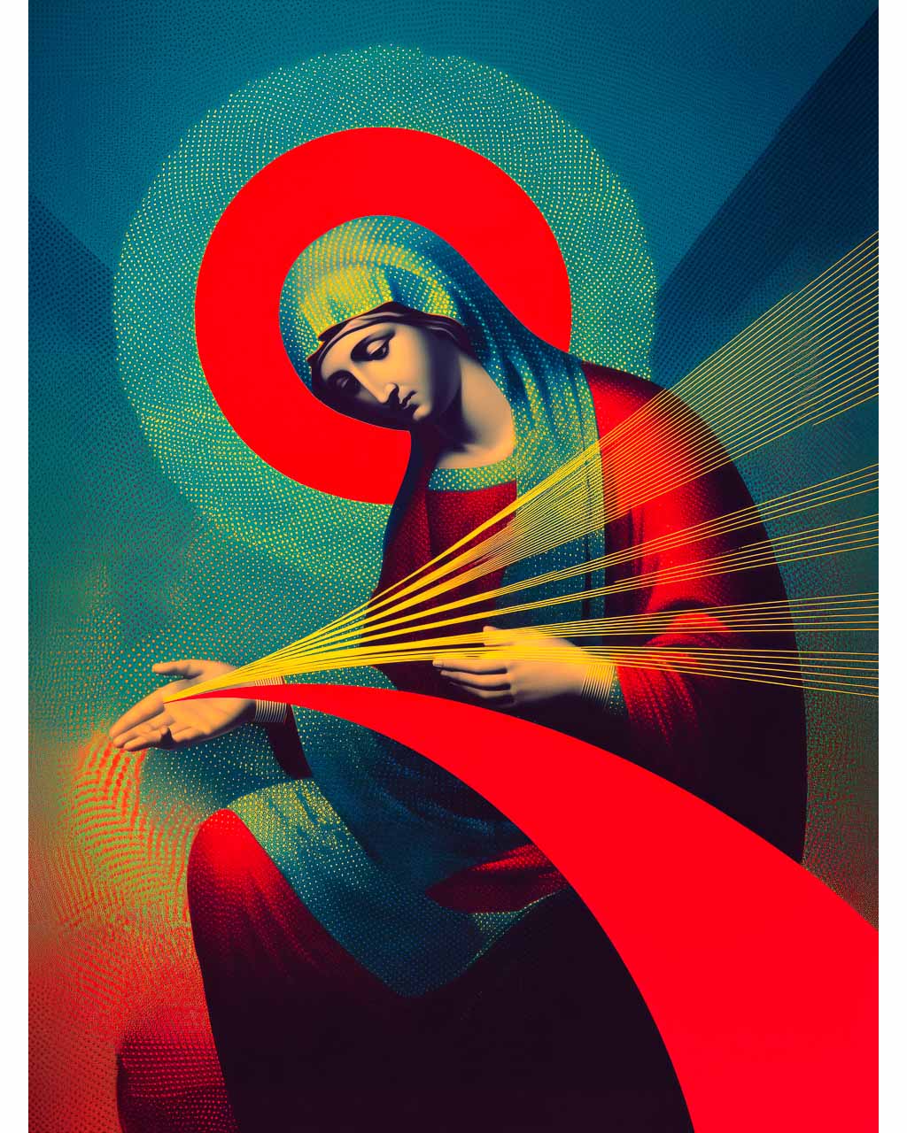 Art poster featuring a surreal portrait of Mother Mary surrounded by rays of light.