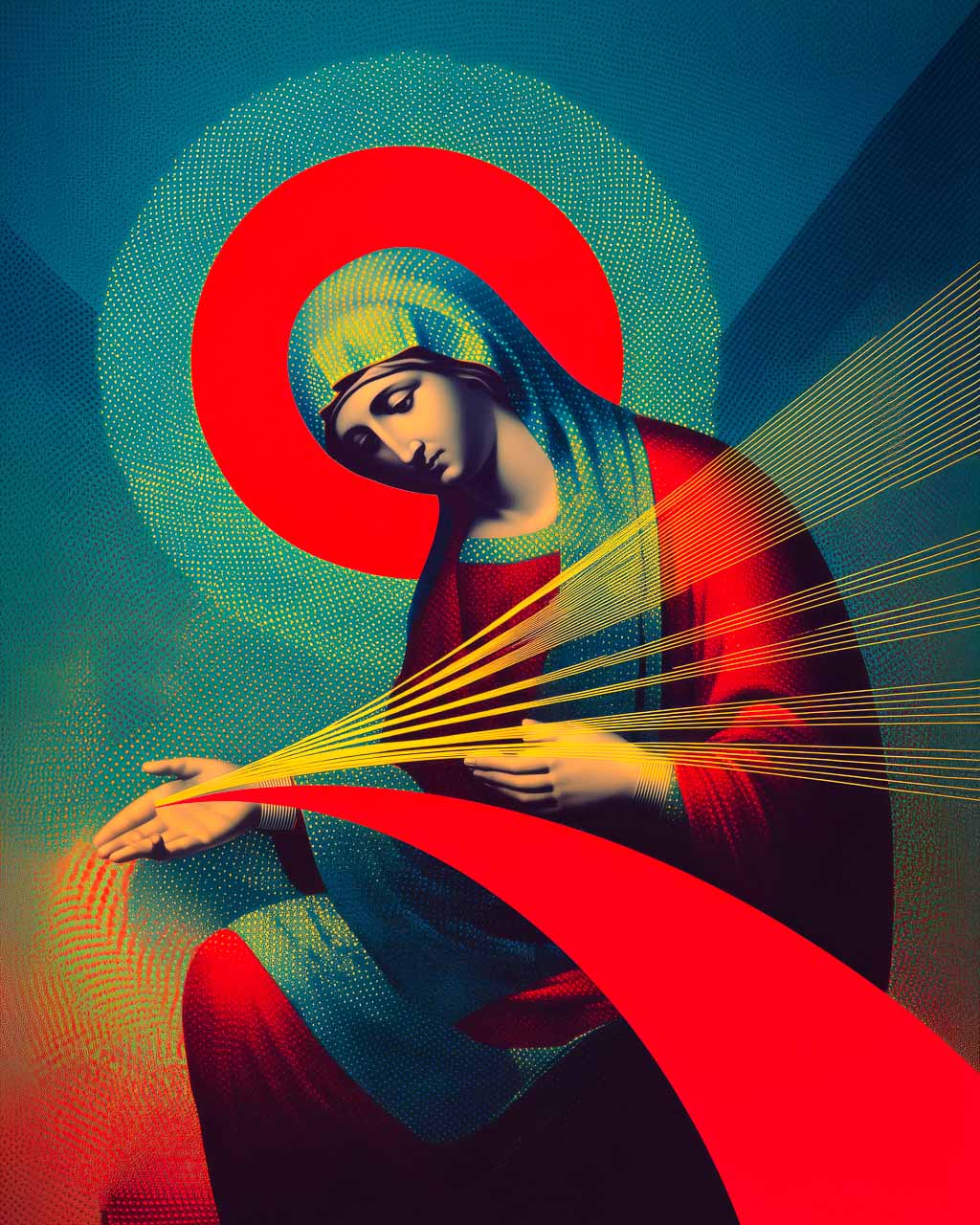 Art poster featuring a surreal portrait of Mother Mary surrounded by rays of light.