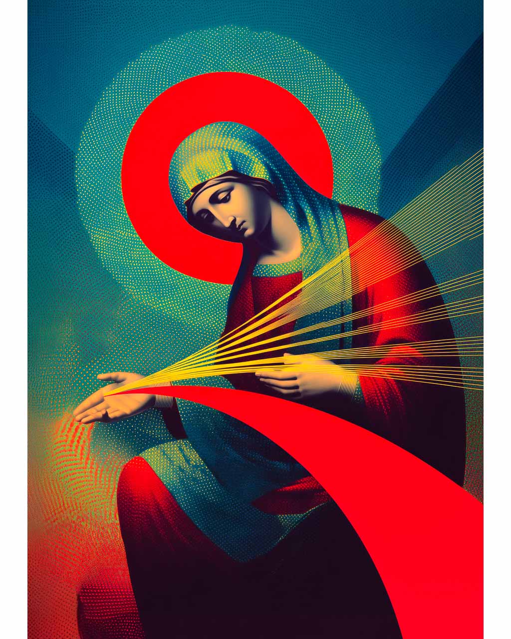 Art poster featuring a surreal portrait of Mother Mary surrounded by rays of light.