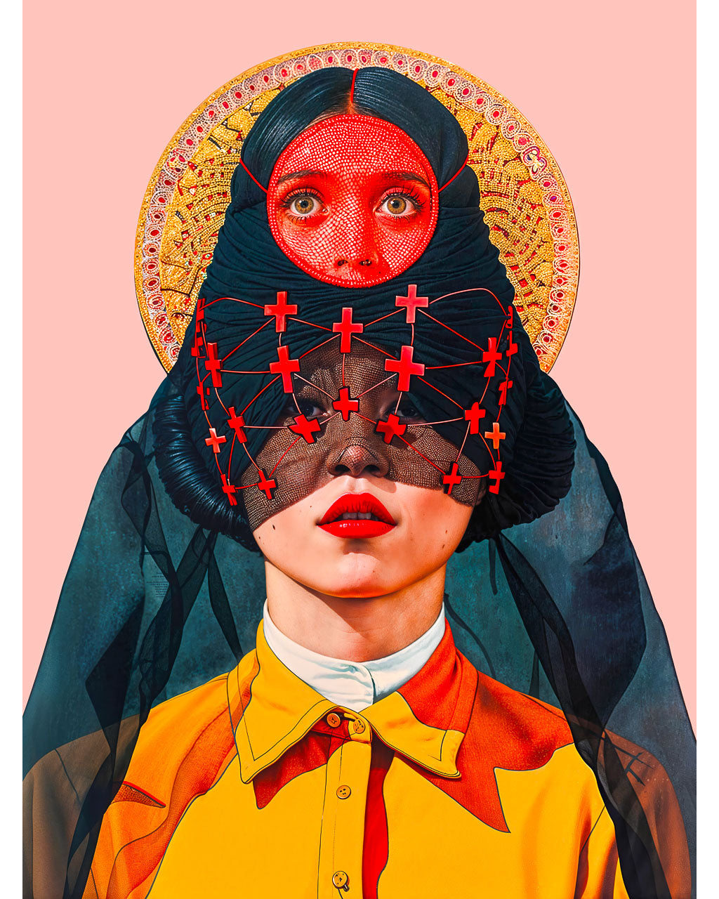 Surreal portrait of two stacked female faces, one covered by a red mask and the other by a veil connected with red crosses, set against a halo-like background.