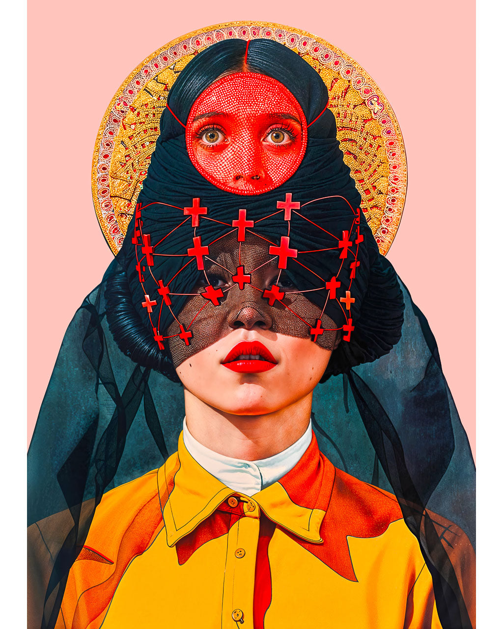 Surreal portrait of two stacked female faces, one covered by a red mask and the other by a veil connected with red crosses, set against a halo-like background.