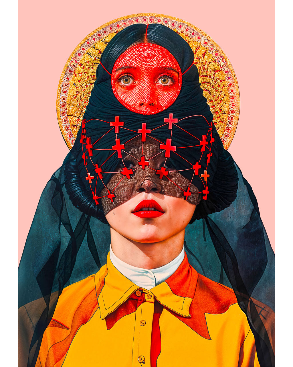 Surreal portrait of two stacked female faces, one covered by a red mask and the other by a veil connected with red crosses, set against a halo-like background.