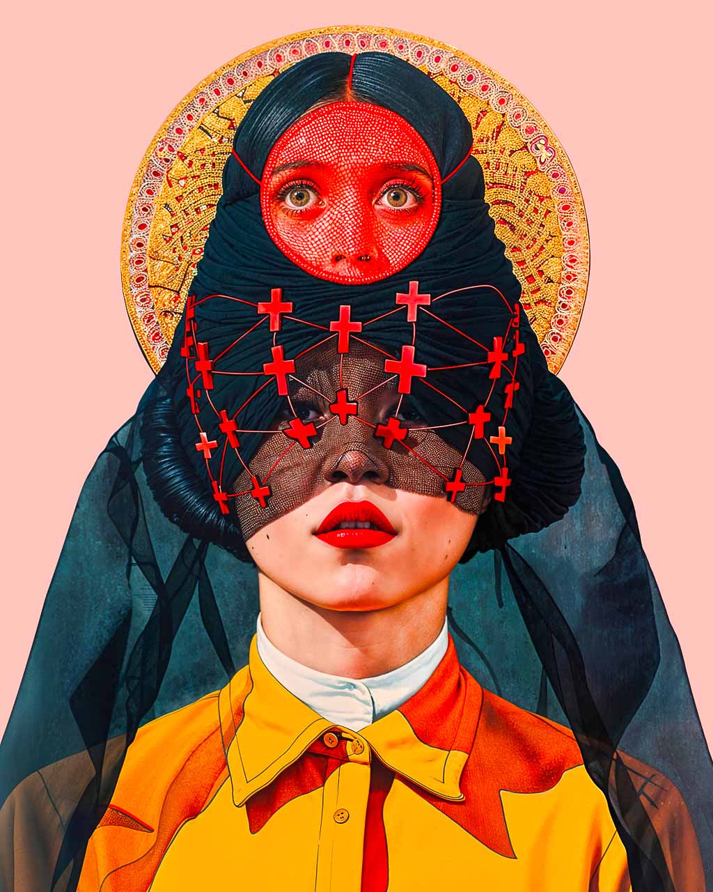 Surreal portrait of two stacked female faces, one covered by a red mask and the other by a veil connected with red crosses, set against a halo-like background.