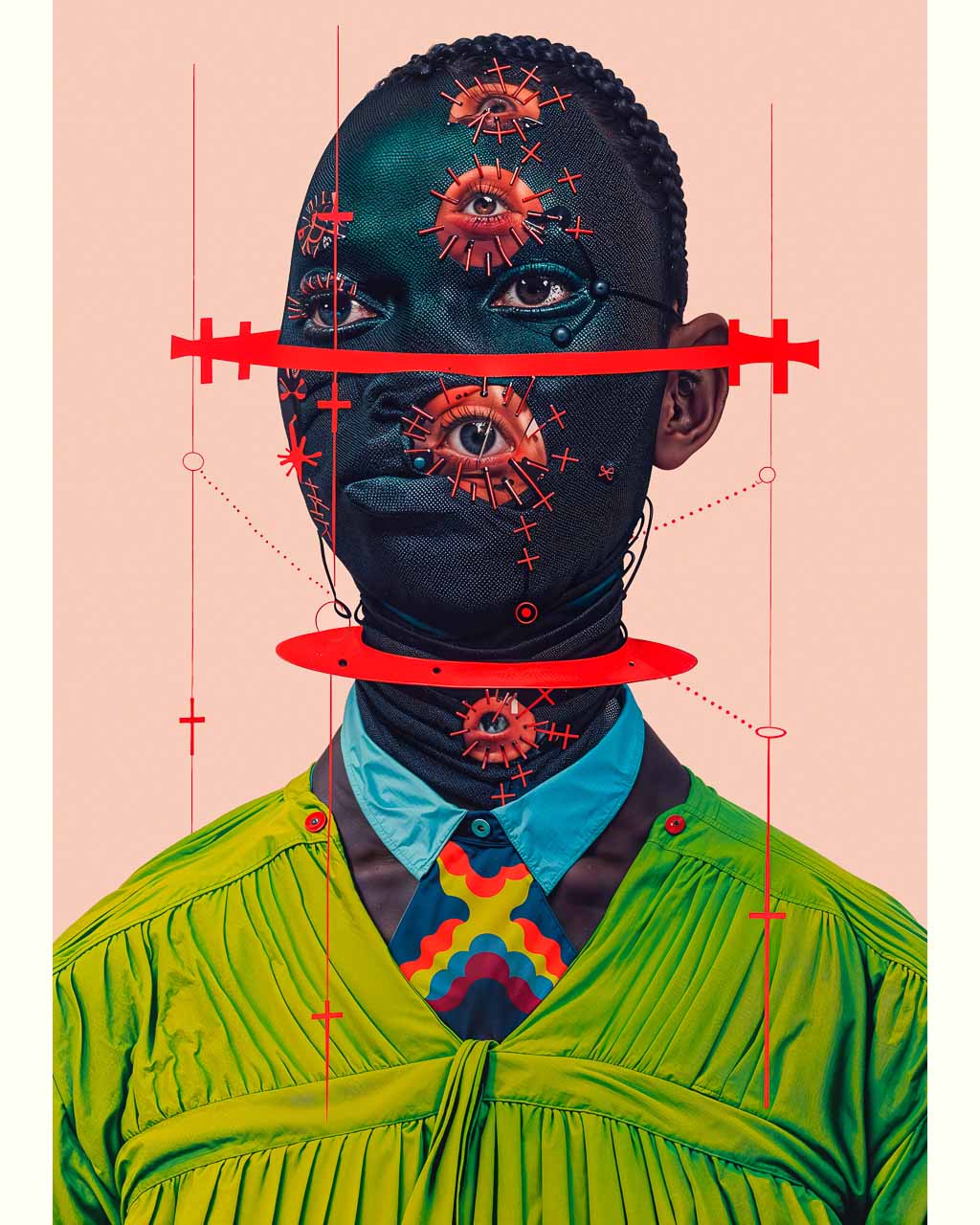 Surreal art poster featuring a portrait of a strange black man with a green shirt.