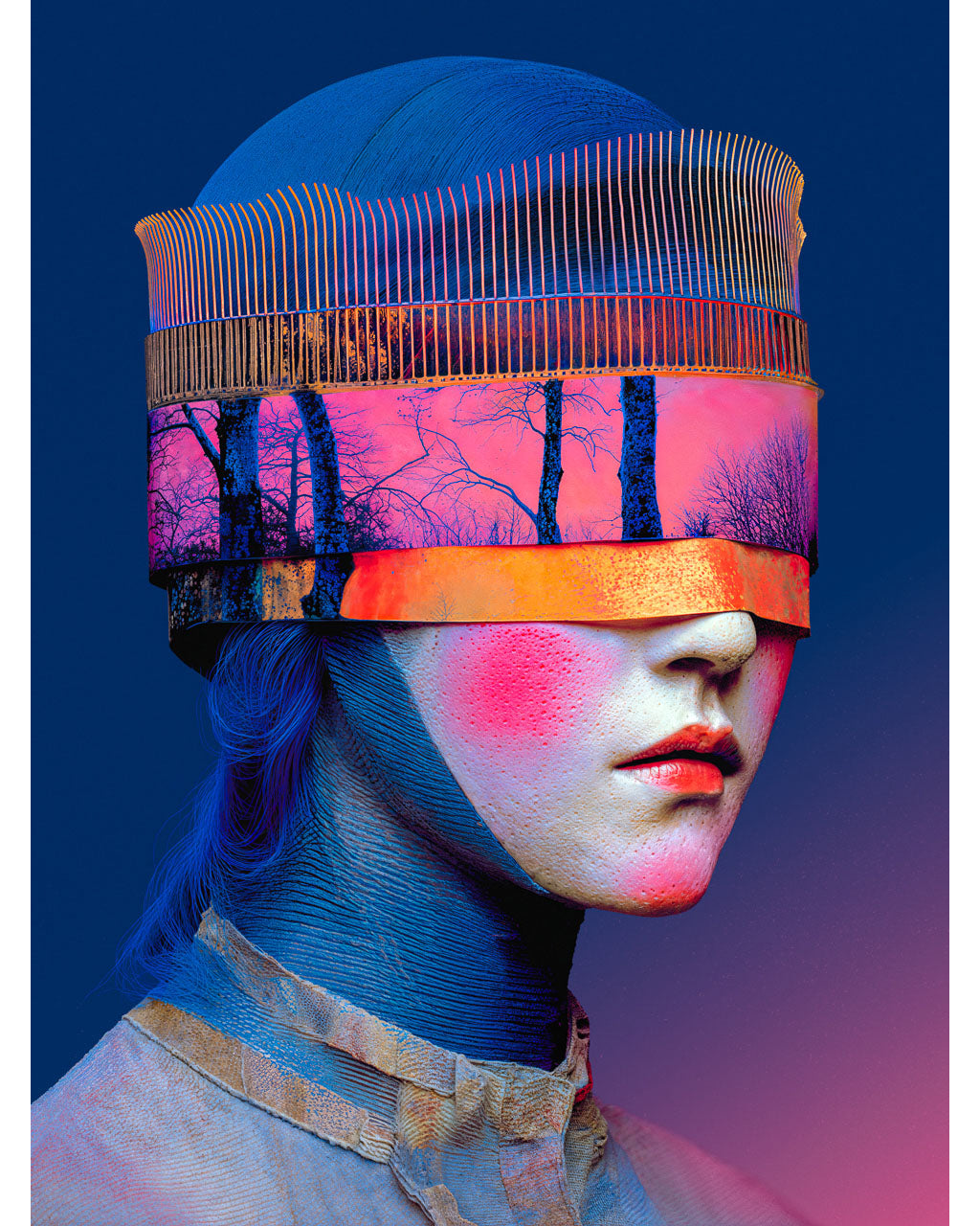 Surreal portrait of a woman with a glowing forest horizon replacing her eyes