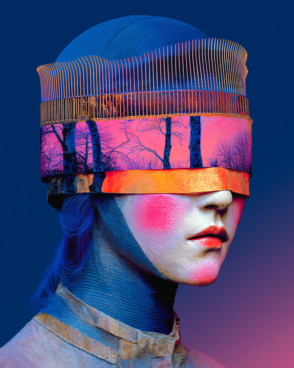Surreal portrait of a woman with a glowing forest horizon replacing her eyes