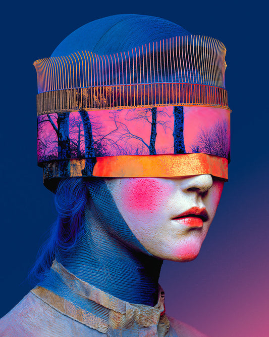 Surreal portrait of a woman with a glowing forest horizon replacing her eyes